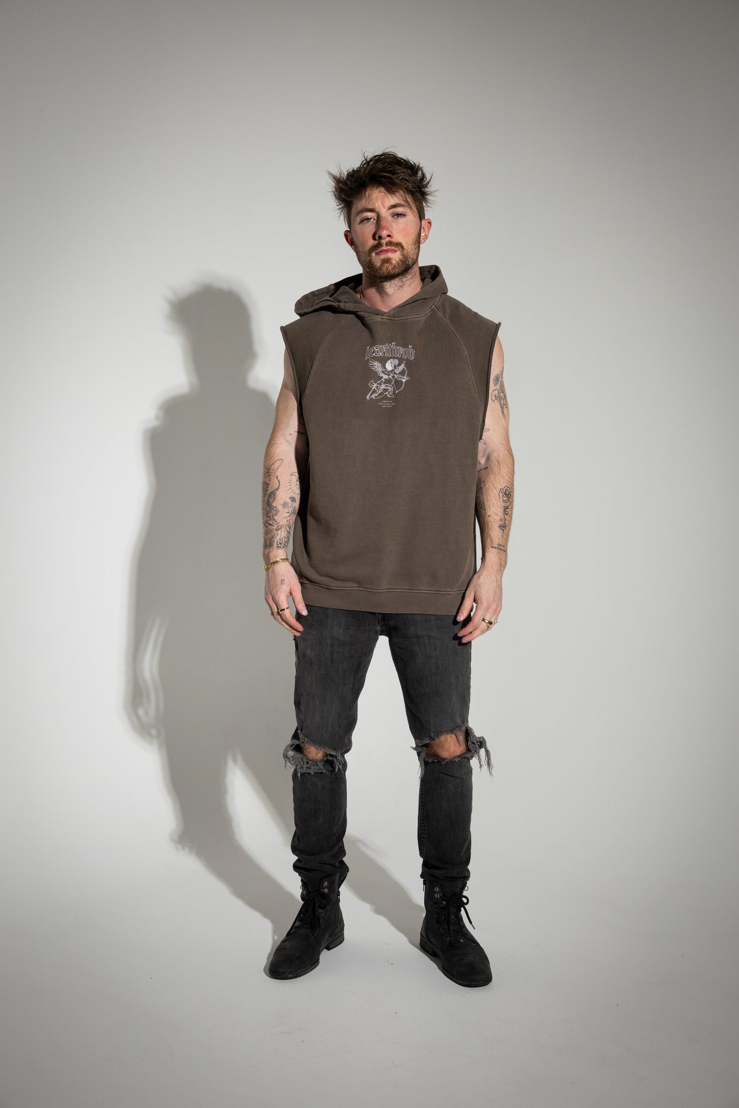 "Cherub" Sleeveless Hoodie (Faded Brown)